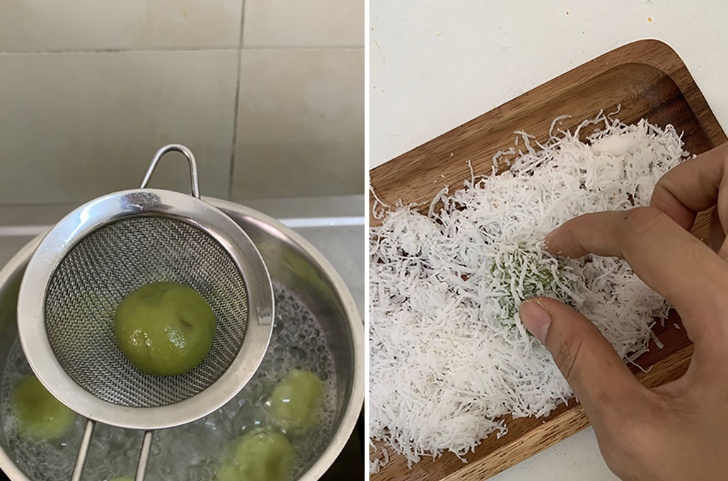 Cook and coat kuih in fresh ingredients like coconut flakes